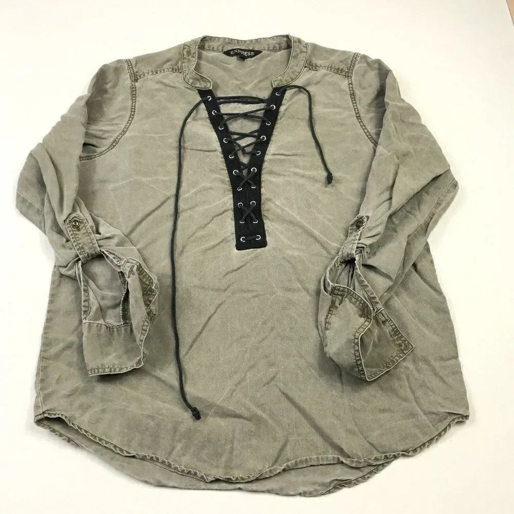 Express Womens Lace Up Tunic Green Long Sleeve Roll Tab Shirt V-Neck Top Size XS